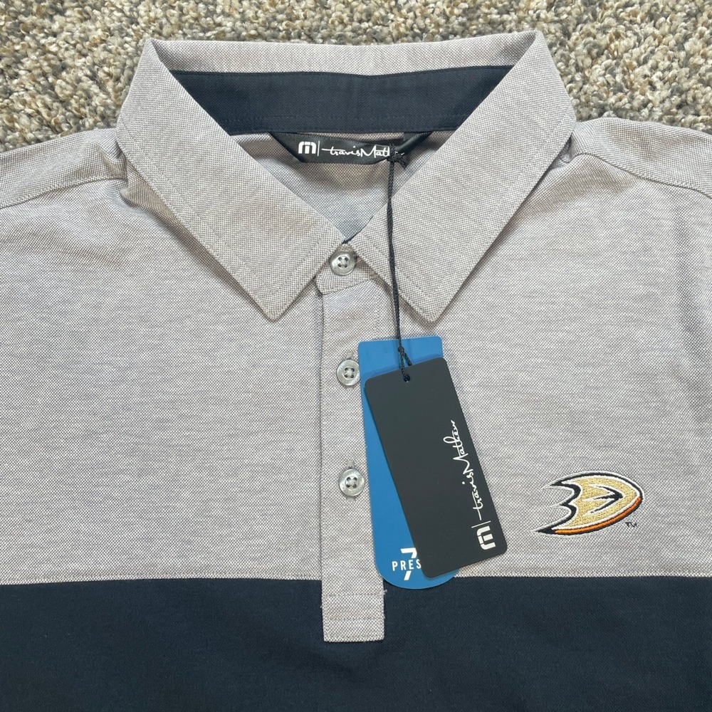 Travis Mathew Prestige 77 Mens M Polo Shirt Grey Black Anaheim Ducks Pima Cotton